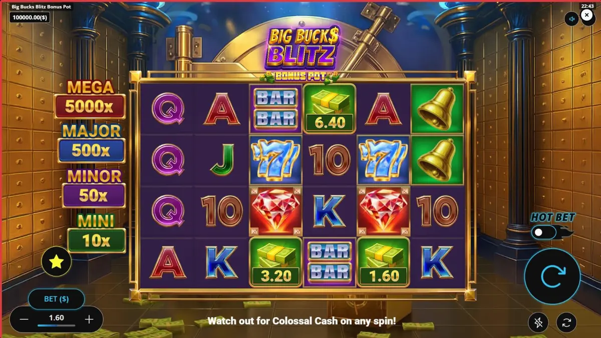 Tampilan visual slot Big Bucks Blitz Bonus Pot dengan tema brankas mewah