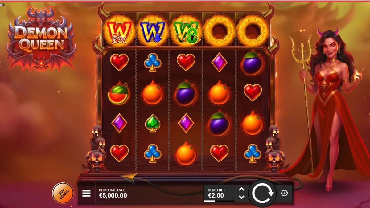 Tampilan visual slot Demon Queen dengan tema neraka dan simbol buah